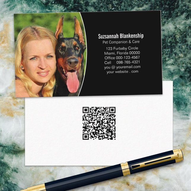 Cartão De Visita Código QR de Foto Personalizada Preto Pet Companio (Criador carregado)