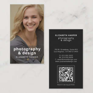 Cartão De Visita Código QR de Foto Preta Moderna Profissional Elega