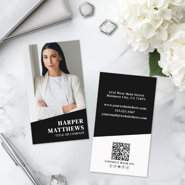 Cartão De Visita Código QR de Foto Preta Vertical (Black Photo QR Code Vertical Business Card )