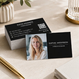 Cartão De Visita Código QR de Foto Profissional Preta Moderna