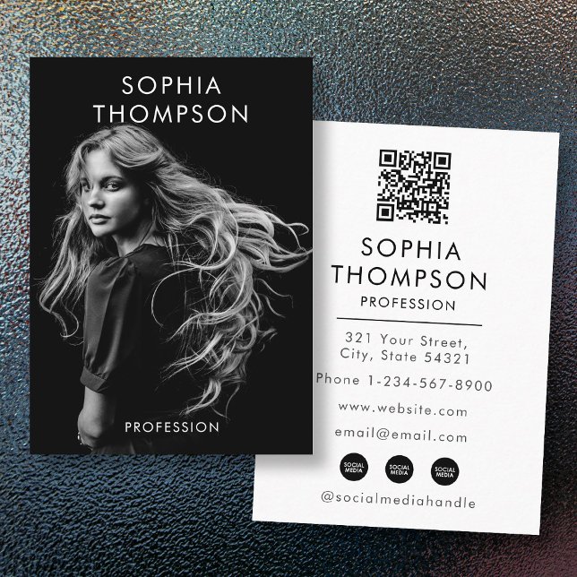 Cartão De Visita Código QR de Foto Profissional Preto de Tendência  (Chic Trendy Black White Professional Photo QR Code Business Card)