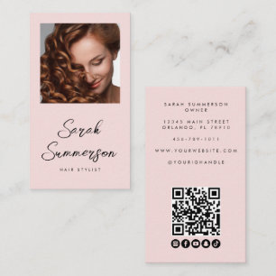 Cartão De Visita Código QR de Foto Rascunho Preto Rosa Estilista de