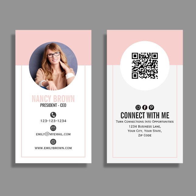 Cartão De Visita Código QR de Foto Rosa Bege Conecte-se Comigo Mini (Blush pink photo QR code design with clean minimalist layout—perfect for modern networking.)