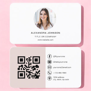 Cartão De Visita Código QR de Foto Rosa Bege para Mídia Social