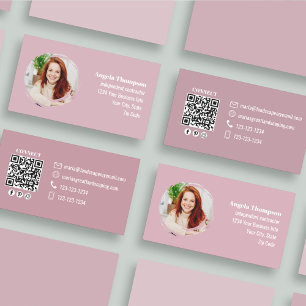 Cartão De Visita Código QR de Foto Rosa para Mídia Social