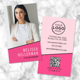 Cartão De Visita Código QR de Foto Rosa Vibrante Logotipo Vertical