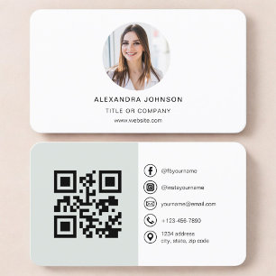 Cartão De Visita Código QR de Foto Verde Sage para Mídia Social