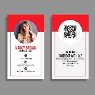 Cartão De Visita Código QR de Foto Vermelha Conectar Comigo Minimal