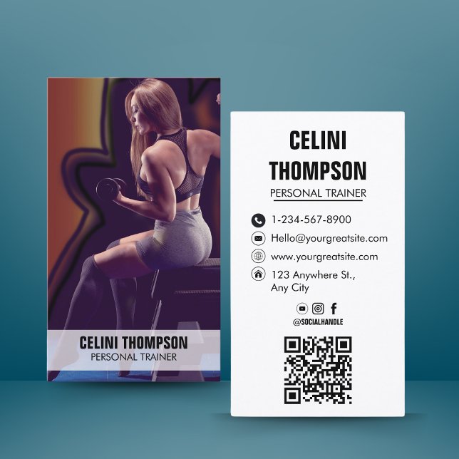 Cartão De Visita Código QR de Fotografia de Malhação do Treinador P (Modern Personal Trainer Fitness Photo QR Code Business Card)