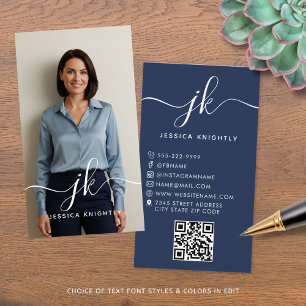 Cartão De Visita Código QR de Fotografia do logotipo Elegante Blue
