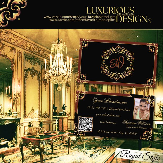 Cartão De Visita Código QR de Fotografia do Monograma Dourado Negro (Criador carregado)