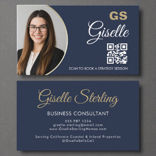 Cartão De Visita Código QR de Fotografia Dourada Azul do Consultor