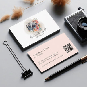 Cartão De Visita Código Qr de Fotografia Floral Rosa Corado
