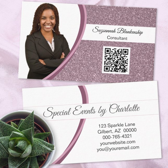 Cartão De Visita Código QR de Fotografia Personalizada da Glitter d (Criador carregado)