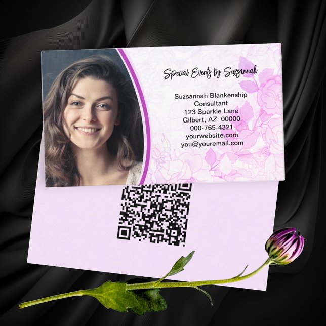 Cartão De Visita Código QR de Fotografia Personalizada de Fundo Flo (front floral and custom photo; back QR code business card )