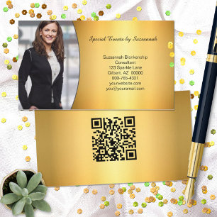 Cartão De Visita Código QR de Fotografia Personalizada Dourada Fla