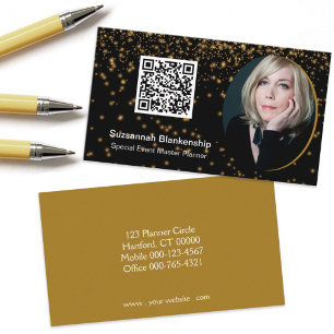 Cartão De Visita Código QR de Fotografia Personalizada Dourada Pret