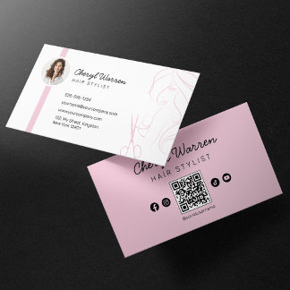 Cartão De Visita Código QR de Fotografia Rosa de Hairstylist Modern