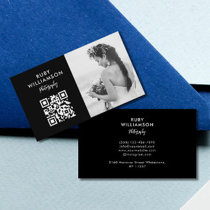 Cartão De Visita Código QR de Fotógrafo de Casamento Preto e Branco