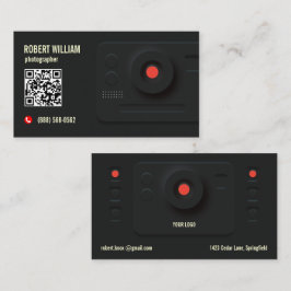 Cartão De Visita Código QR de Fotógrafo Moderno Preto | Design Mini