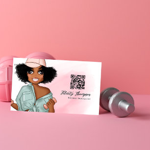 Cartão De Visita Código QR de garota instrutora de fitness afro fas