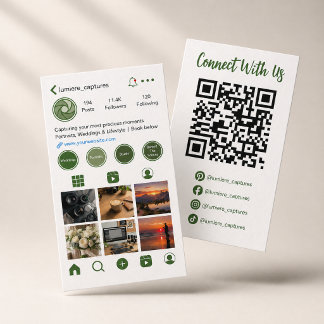 Cartão De Visita Código QR de Grade de Fotos de Mídia Social Verde