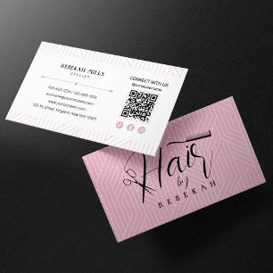 Cartão De Visita Código QR de Hairstylist com Padrão Rosa e Branco