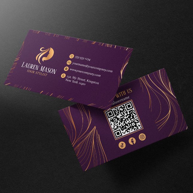 Cartão De Visita Código QR de HairStylist Dourada Roxo Elegante Min (Criador carregado)