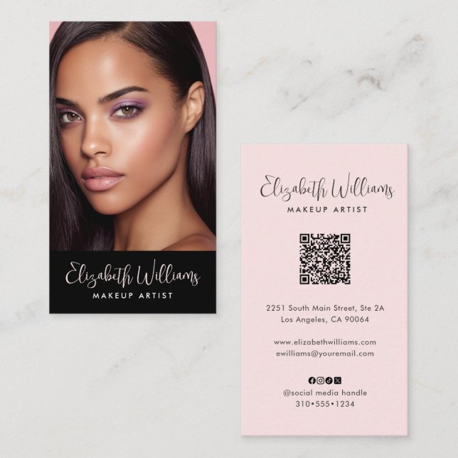 Cartão De Visita Código QR de Ícone Social Rosa Blush Foto Script P (Frente/Verso)