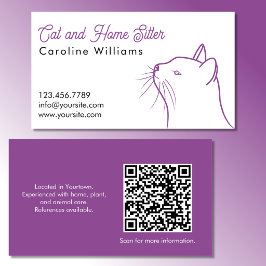 Cartão De Visita código QR de ilustração minimalista de gato roxo b