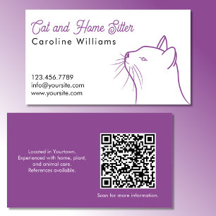 Cartão De Visita código QR de ilustração minimalista de gato roxo b