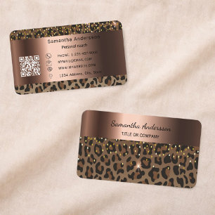 Cartão De Visita Código QR de Impressão de Leopardo Dourado de Luxo