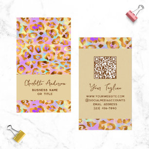 Cartão De Visita Código QR de Impressão de Leopardo Dourado Moderno