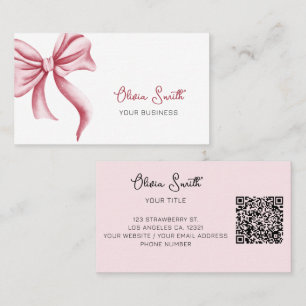 Cartão De Visita Código QR de Laço Rosa com Tipografia Simples e El