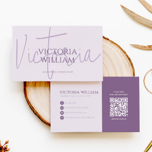 Cartão De Visita Código QR de Letra Cursiva de Lavanda Suave Elegan