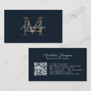 Cartão De Visita Código QR de Letra Cursiva Monograma Dourado Metál