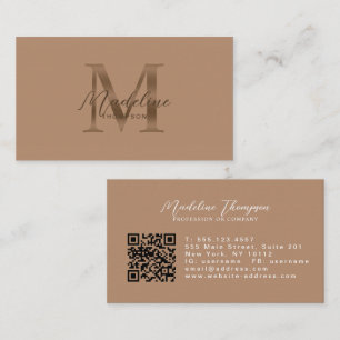 Cartão De Visita Código QR de letra cursiva monograma marrom metáli