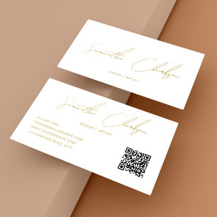 Cartão De Visita Código QR de letra manuscrita dourada bege moderno