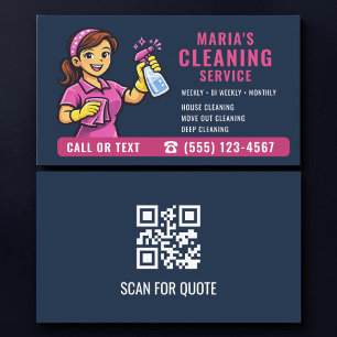 Cartão De Visita Código QR de Limpeza de Casa Azul Marinho Rosa