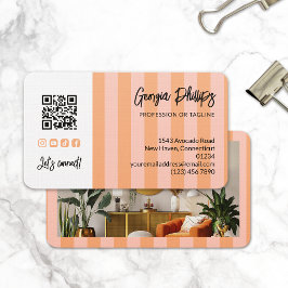 Cartão De Visita Código QR de Listras de Bege e Rosa Foto Mídia Soc