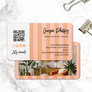 Cartão De Visita Código QR de Listras de Bege e Rosa Foto Mídia Soc