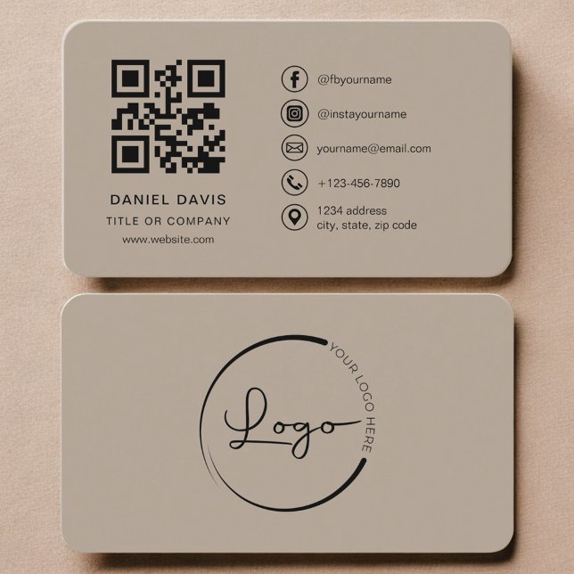 Cartão De Visita Código QR de Logo Bege Neutro  (Criador carregado)