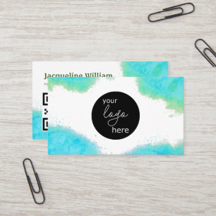 Cartão De Visita Código QR de Logo Personalizado Blush Aqua Aquarel