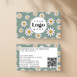 Cartão De Visita Código QR de Logo Personalizado Floral de Margarid