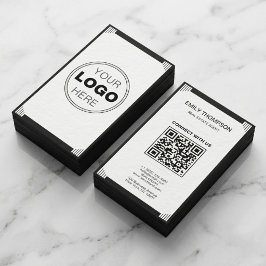 Cartão De Visita Código QR de Logotipo Art Déco Preto e Branco Mini