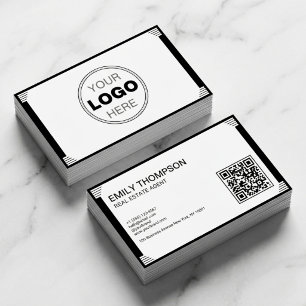 Cartão De Visita Código QR de Logotipo Art Déco Preto e Branco Mini