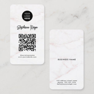 Cartão De Visita Código &QR de logotipo Marble Dourado Rosa Branc