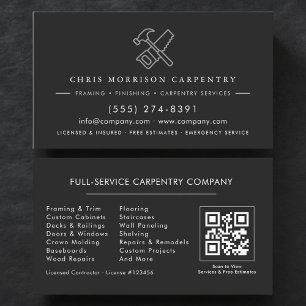 Cartão De Visita Código QR de Luxo Carpinteiro Carpintaria Preto Pr