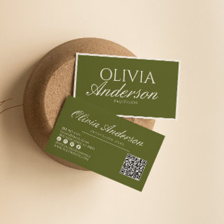 Cartão De Visita Código QR de Luxo em Verde Oliva Retro Dinheiro An
