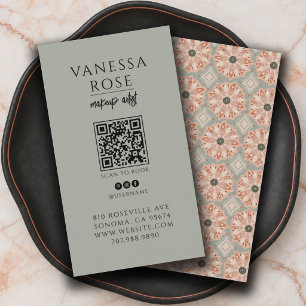 Cartão De Visita Código QR de Maquiador Boho Terracota Sage Floral